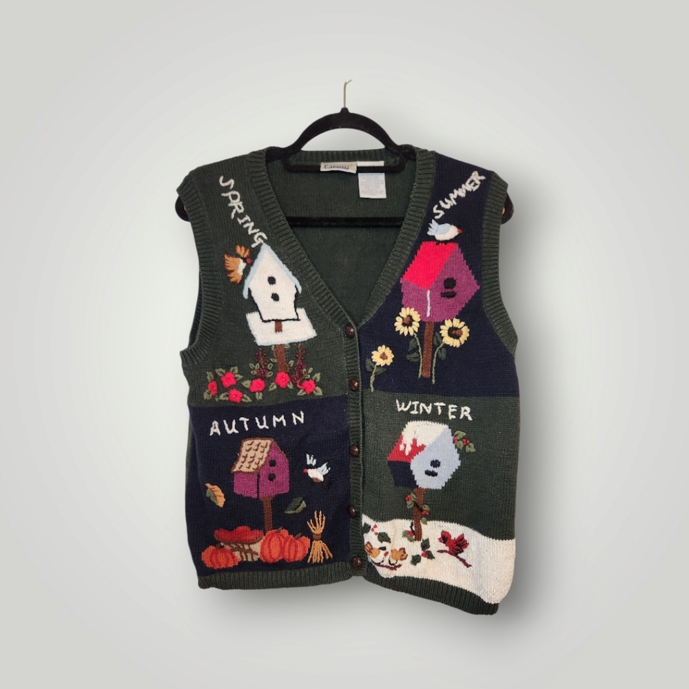 Capacity Vintage Sweater Vest L Birds Birdhouse in 4 Seasons Buttons Cottagecore